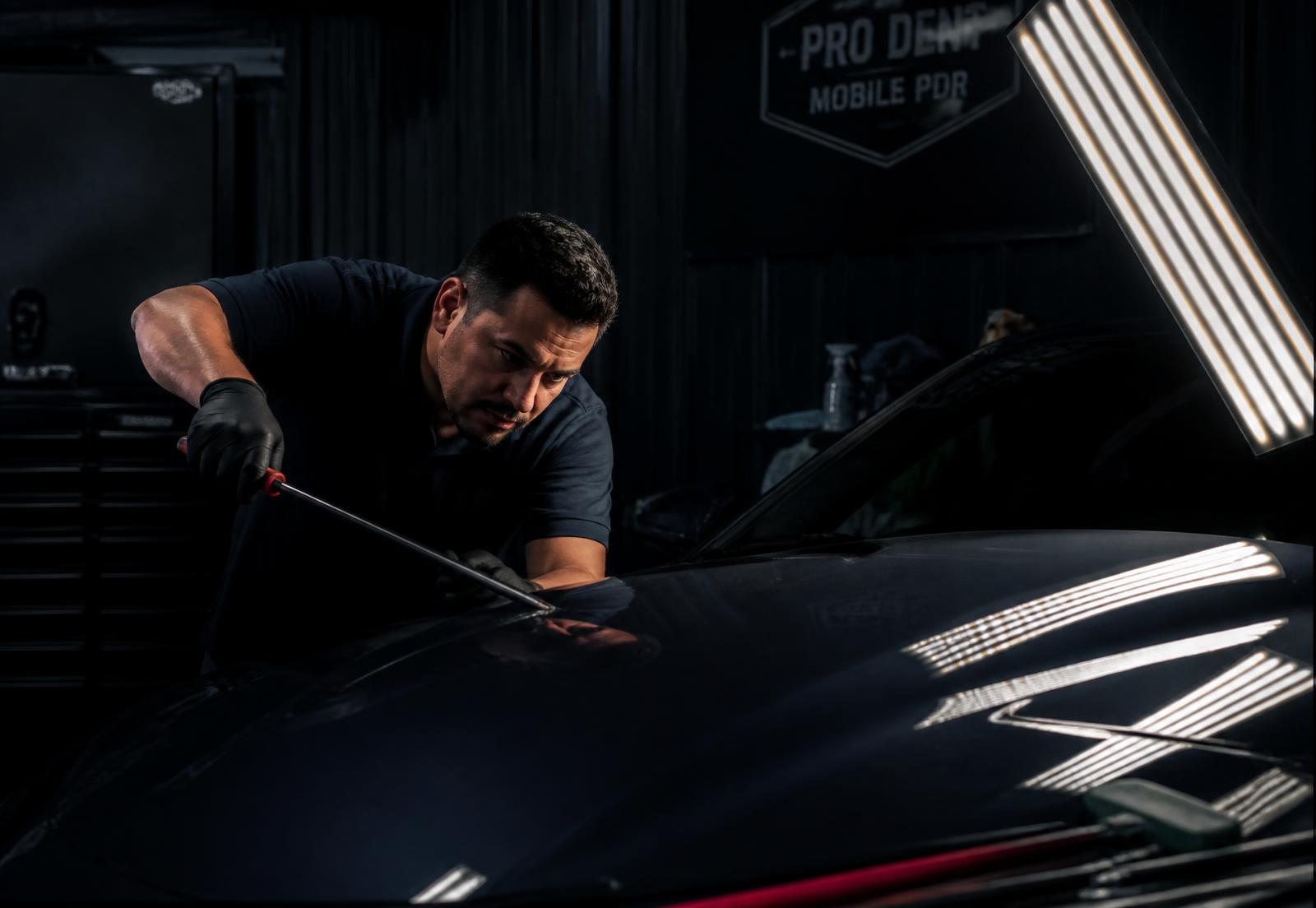 PDR technician removing hail dents from a car hood under LED inspection light