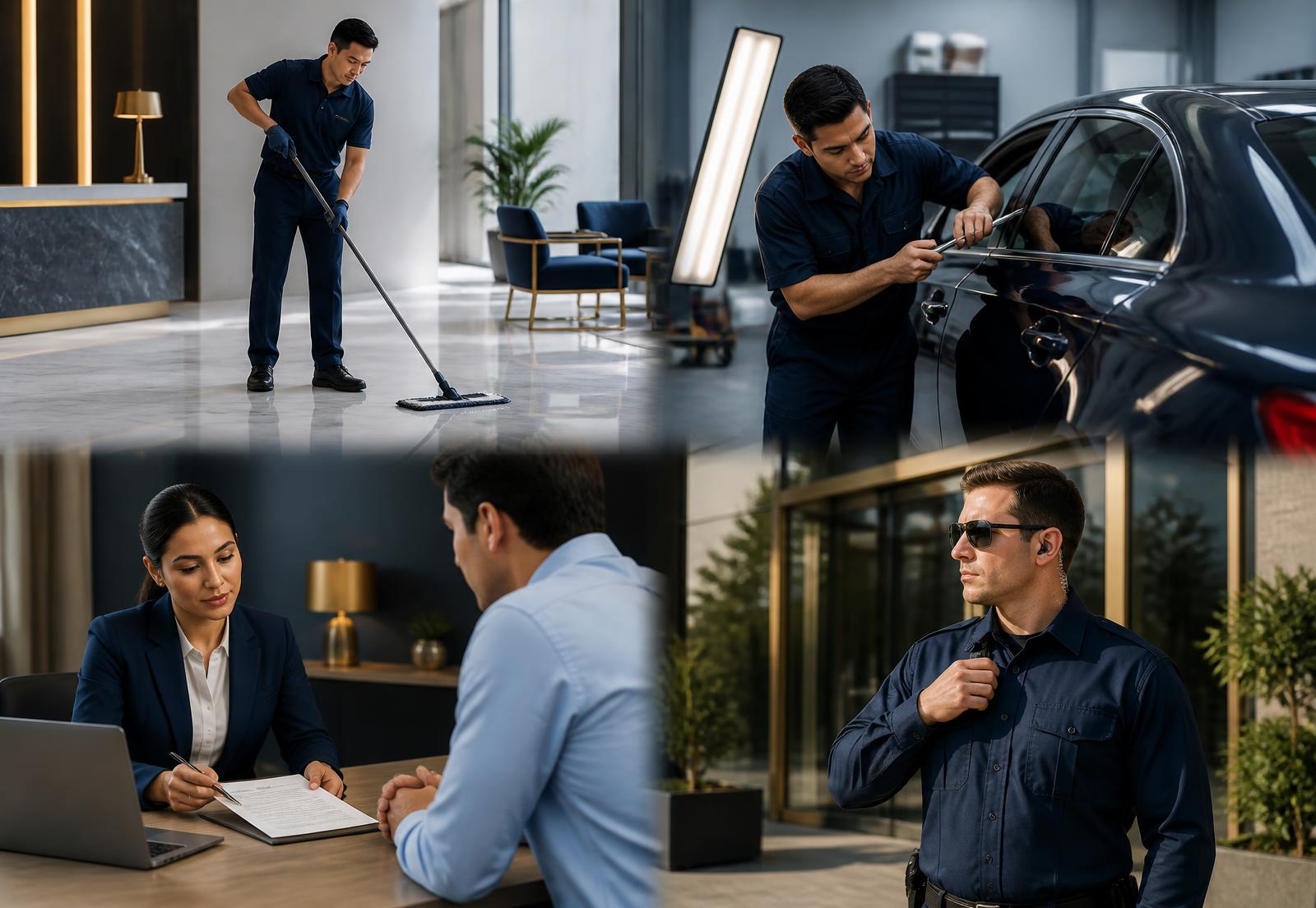 Commercial cleaning team working in a modern office lobby